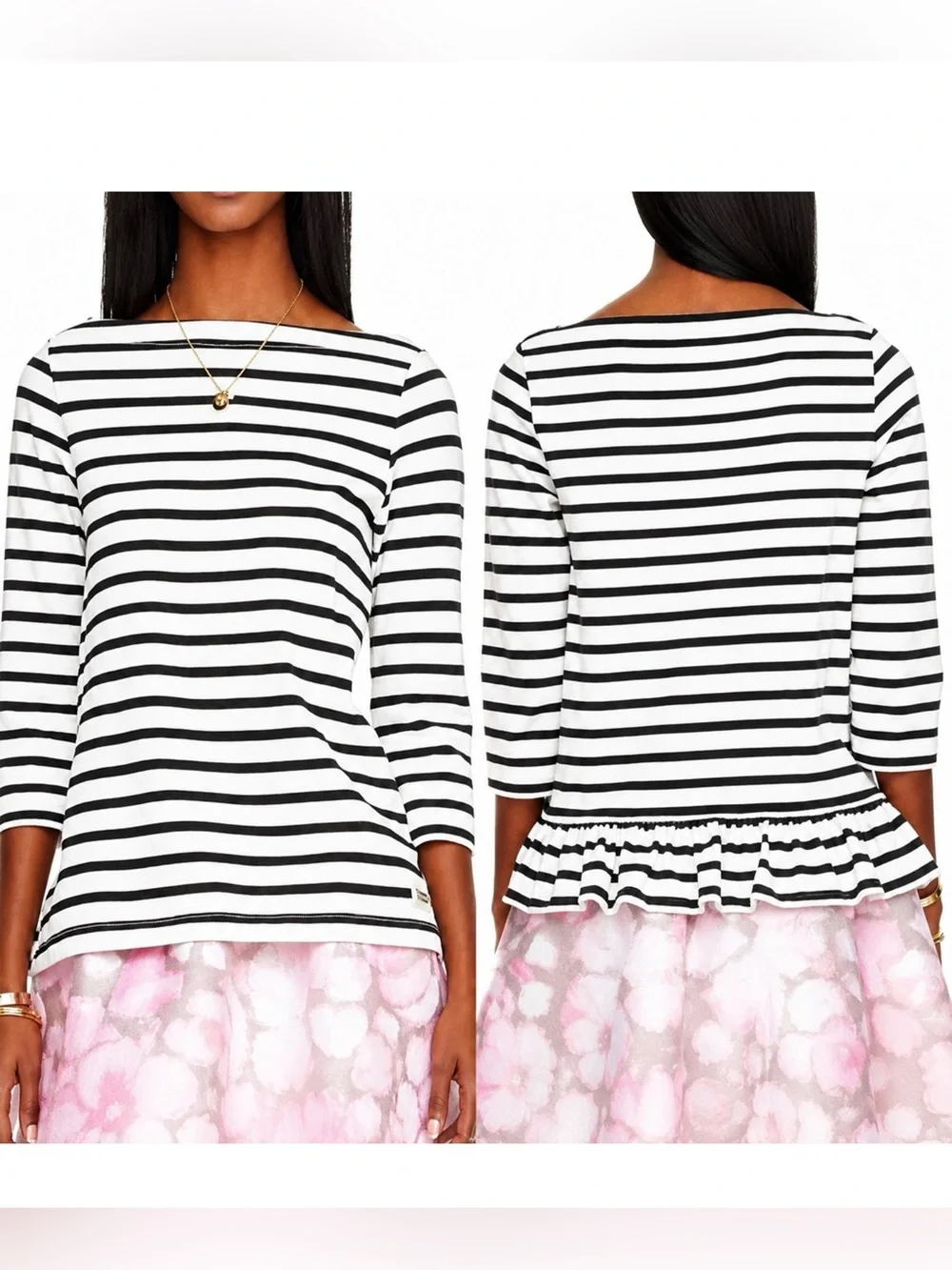 Kate Spade New York Broome Street Striped Boat Neck Top Black White 3/4 Sleeve M